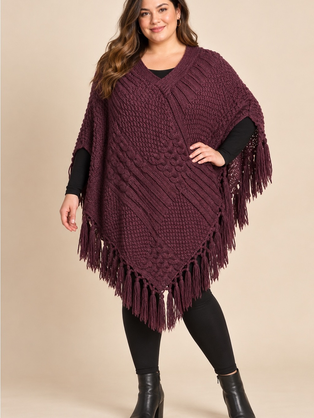 torrid Cable-Knit Fringe Poncho Sweater - Plum O/S